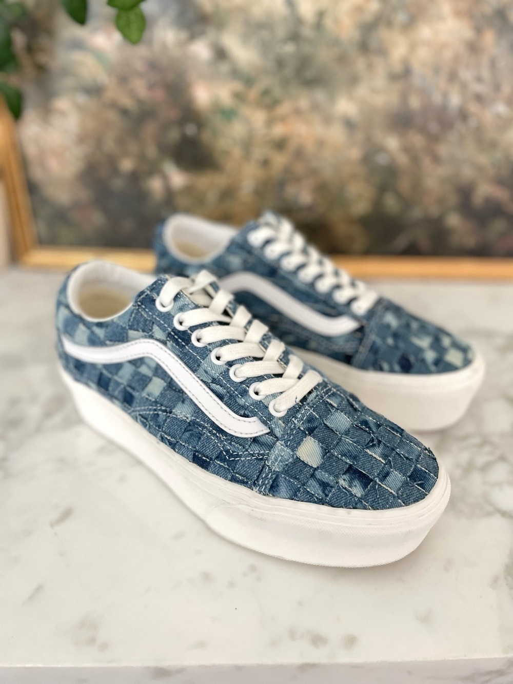 Vans Old Skool Stacked Denim Patchwork Platform Sneakers Blue Checkered 3D